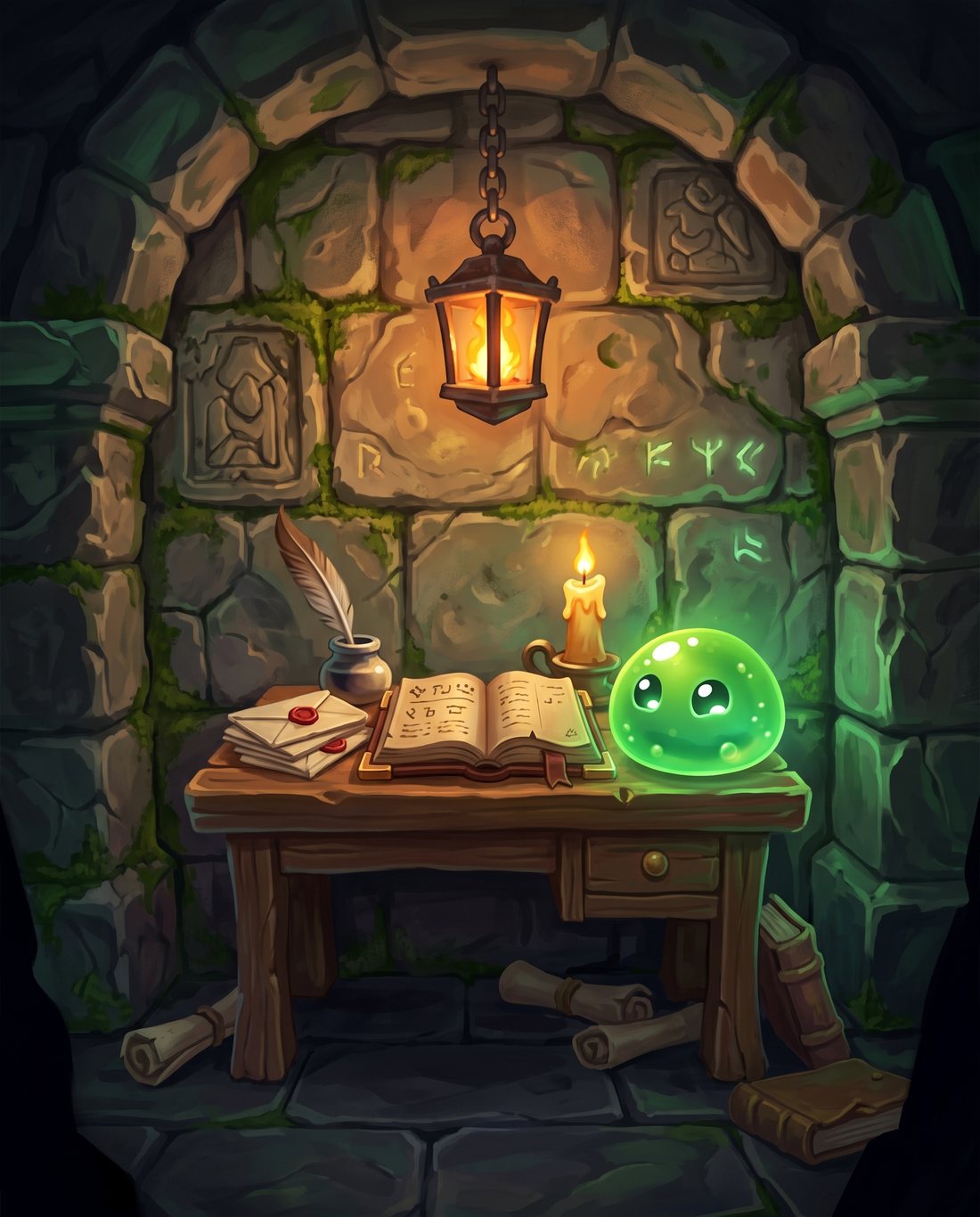 A slime at a desk with letters, a quill and a candle