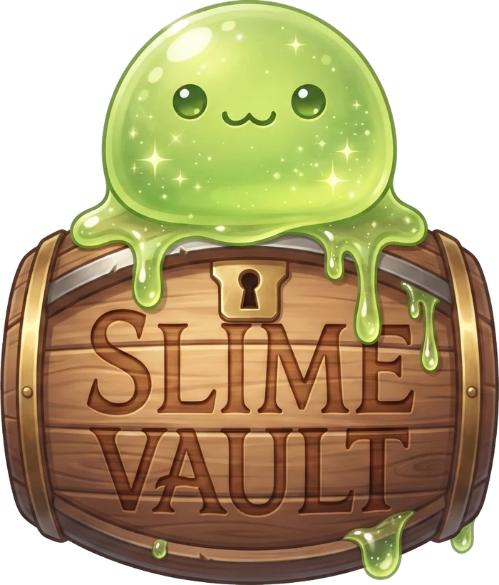 The Slime Vault mascot: a green slime on a barrel